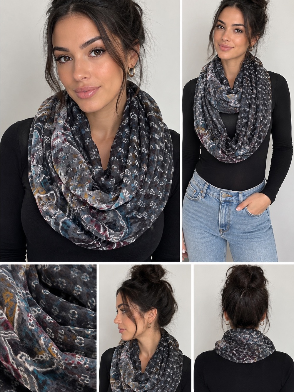 JOHNNY WAS Grey Silk Velvet
Infinity Loop Scarf Boho Damask
Print